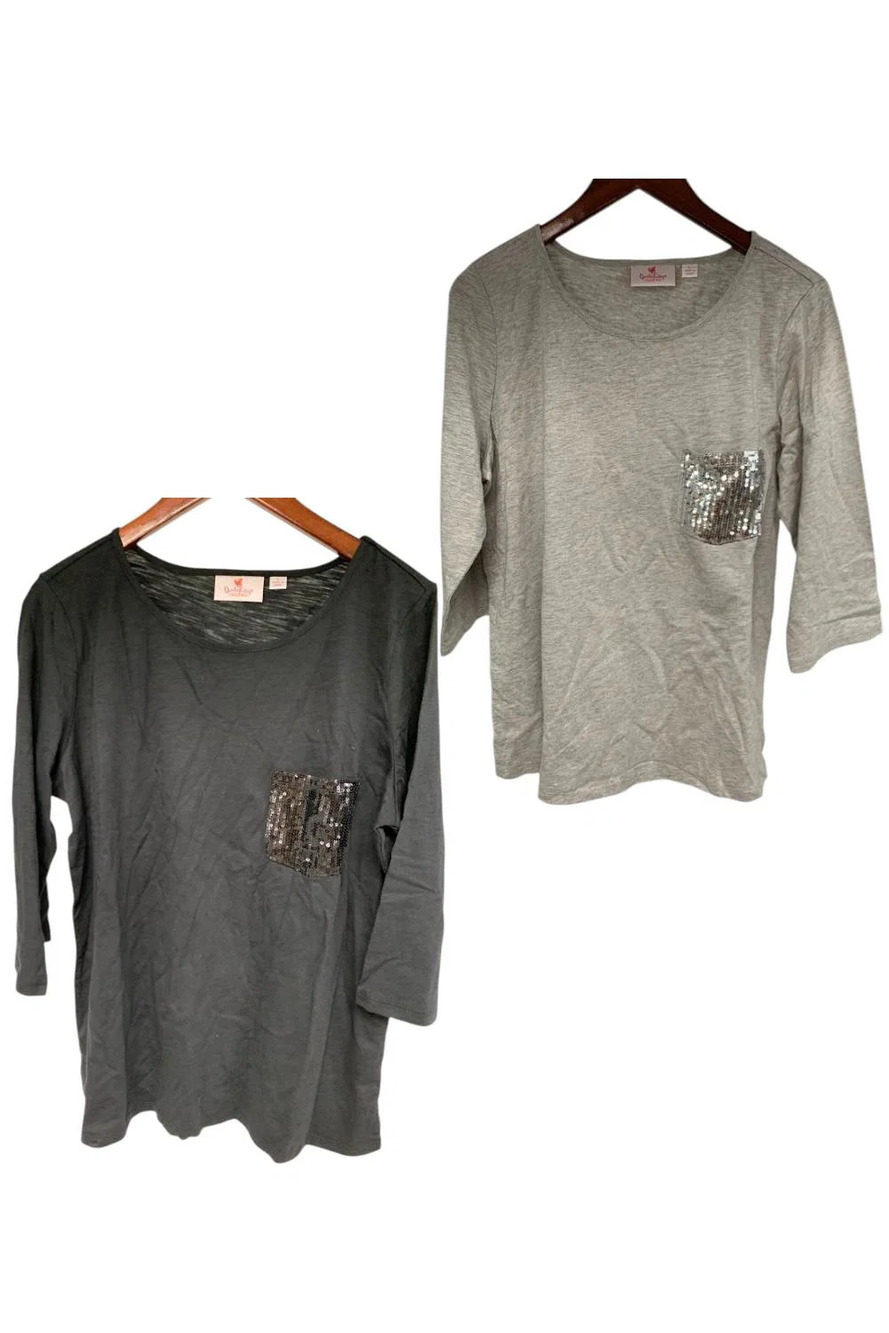 Quacker Factory Women's 2-pack Sequin Pocket 3/4 Sleeve Tops Blk\Grey - Regular